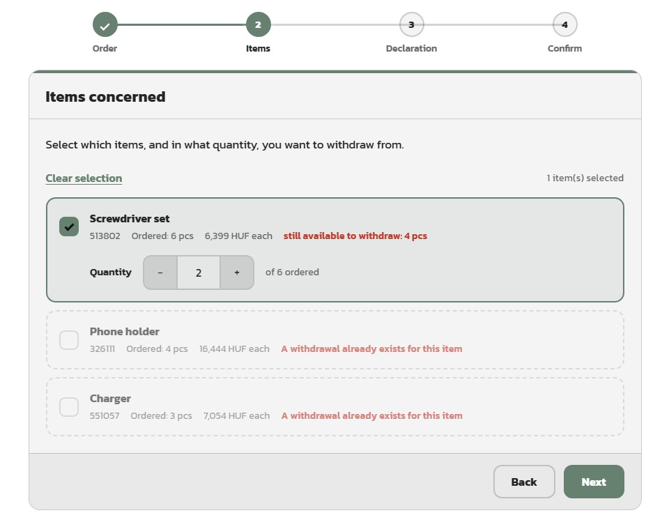 After successful submission, the withdrawal reference and an email confirmation notice are displayed.